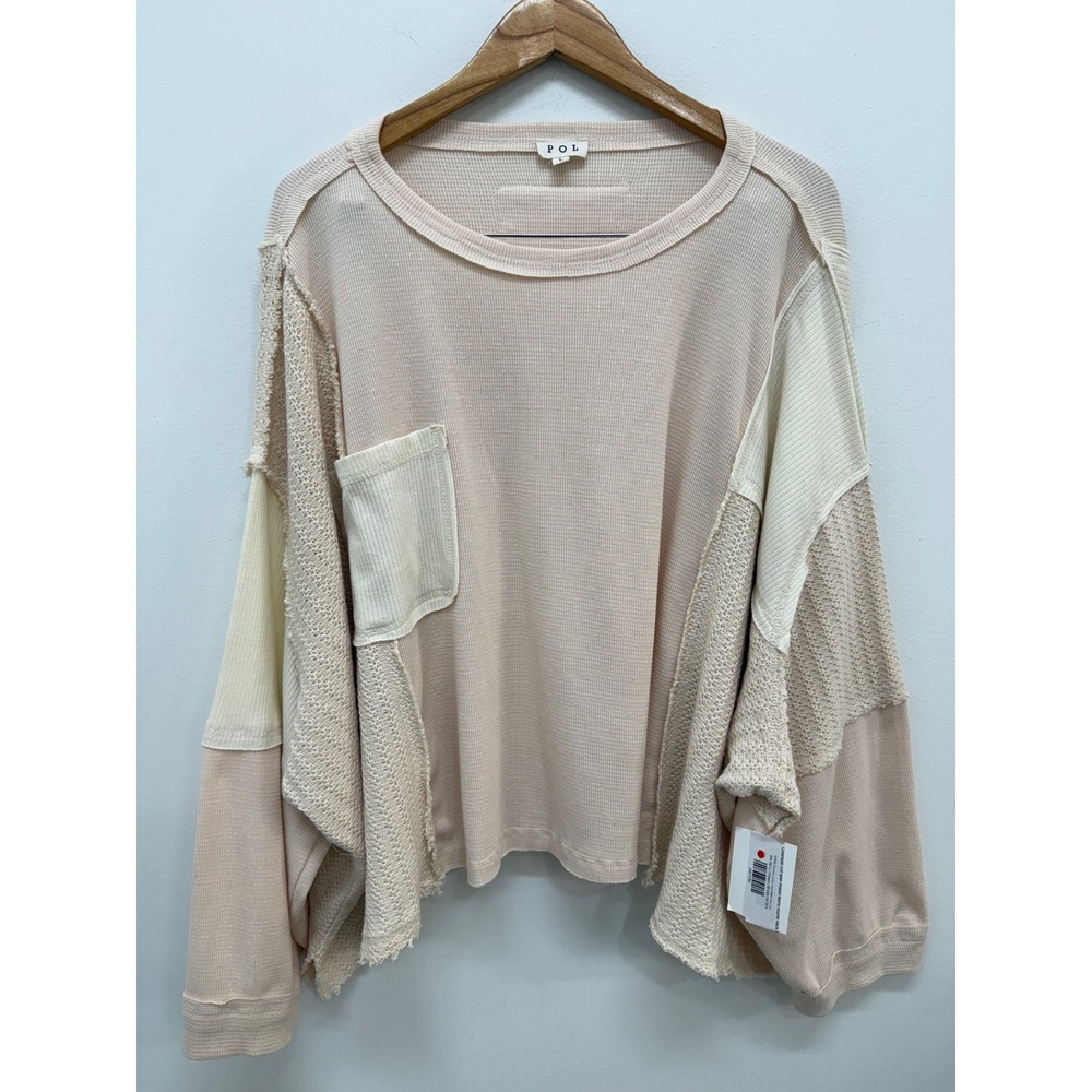 POL Mixed Media Waffle Knit Top Large Patchwork Raw Edge Boho Cream Blush